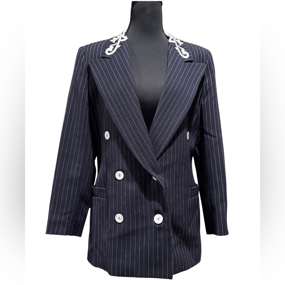 Vintage Escada Navy Blazer | Embroidered & Double-Breasted | Size 36